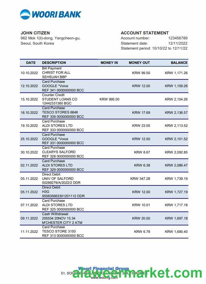 South Korea Woori bank statement xls